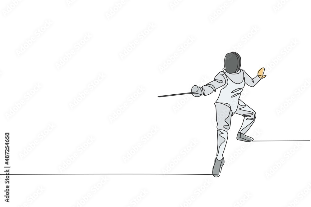 One single line drawing of young man fencer athlete in fencing costume exercising motion on sport arena vector illustration. Combative and fighting sport concept. Modern continuous line draw design One single line drawing of young man fencer athlete in fencing costume exercising motion on sport arena vector illustration. Combative and fighting sport concept. Modern continuous line draw design