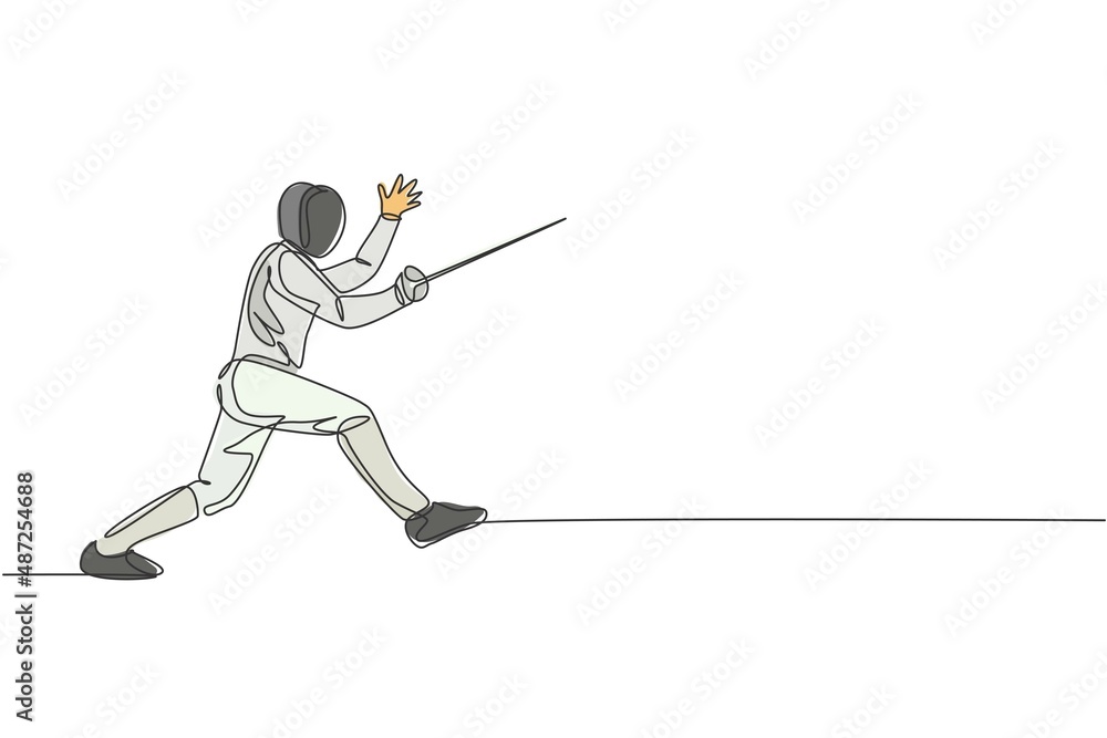 One continuous line drawing of young man fencing athlete practice fighting on professional sport arena. Fencing costume and holding sword concept. Dynamic single line draw design vector illustration One continuous line drawing of young man fencing athlete practice fighting on professional sport arena. Fencing costume and holding sword concept. Dynamic single line draw design vector illustration