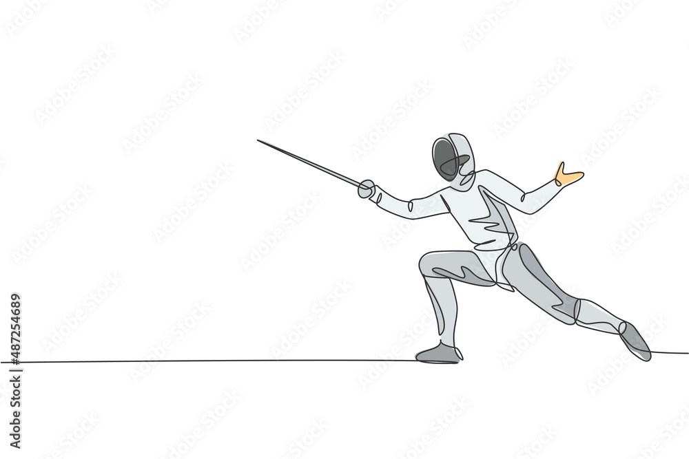 One single line drawing of young man fencer athlete in fencing costume exercising motion on sport arena vector illustration. Combative and fighting sport concept. Modern continuous line draw design One single line drawing of young man fencer athlete in fencing costume exercising motion on sport arena vector illustration. Combative and fighting sport concept. Modern continuous line draw design