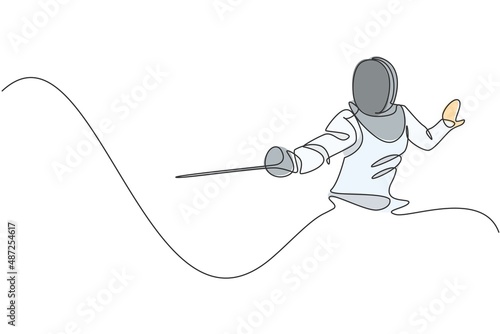 Single continuous line drawing of young professional fencer athlete woman in fencing mask and rapier. Competitive fighting sport competition concept. Trendy one line draw design vector illustration photo