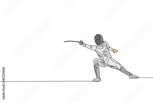 One continuous line drawing of young man fencing athlete practice fighting on professional sport arena. Fencing costume and holding sword concept. Dynamic single line draw design vector illustration