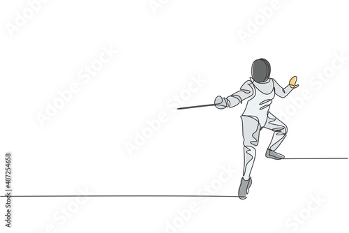 One single line drawing of young man fencer athlete in fencing costume exercising motion on sport arena vector illustration. Combative and fighting sport concept. Modern continuous line draw design