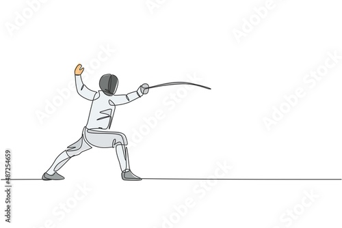 Single continuous line drawing of young professional fencer athlete woman in fencing mask and rapier. Competitive fighting sport competition concept. Trendy one line draw design vector illustration