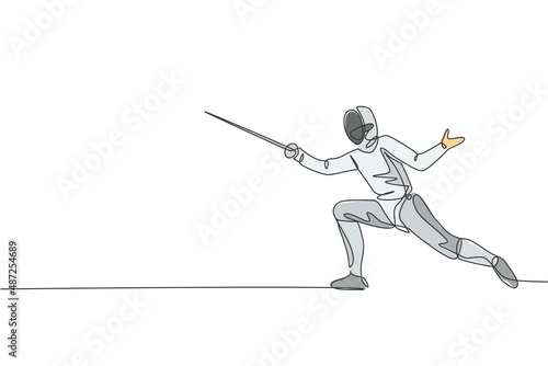 One single line drawing of young man fencer athlete in fencing costume exercising motion on sport arena vector illustration. Combative and fighting sport concept. Modern continuous line draw design