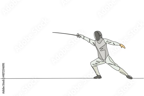 Single continuous line drawing of young professional fencer athlete man in fencing mask and rapier. Competitive fighting sport competition concept. Trendy one line draw design vector illustration