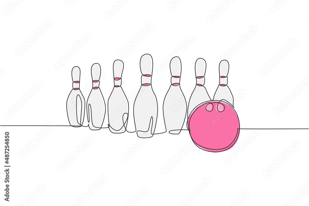 Single continuous line drawing bowling pins lined up at bowling lane. Doing sport hobby at leisure time concept. Trendy one line draw design vector illustration graphic Single continuous line drawing bowling pins lined up at bowling lane. Doing sport hobby at leisure time concept. Trendy one line draw design vector illustration graphic