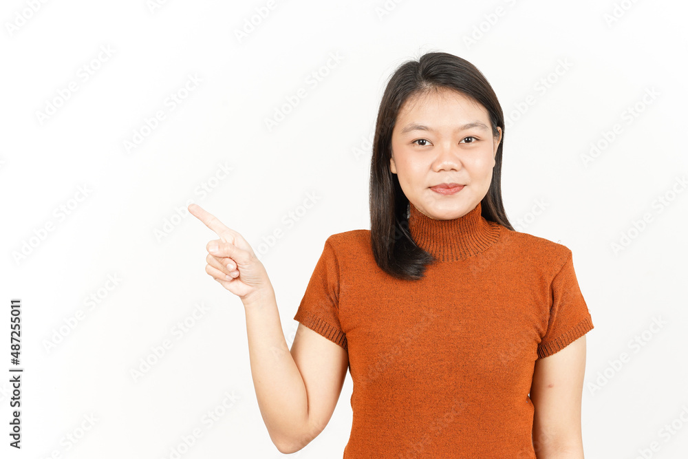 Showing Product and Pointing Side Of Beautiful Asian Woman Isolated On White Background Showing Product and Pointing Side Of Beautiful Asian Woman Isolated On White Background