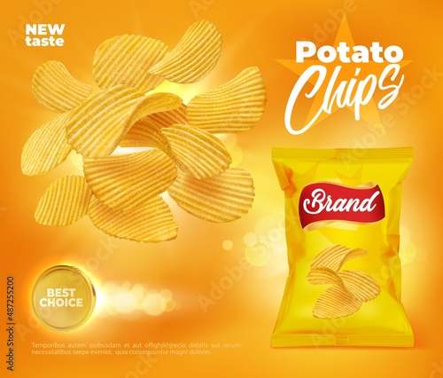 Crispy ripple potato chips and realistic package. 3d vector promo poster with crunchy snack and foil bag. Delicious food advertising, crisp meal promotion with wavy chips in yellow pack