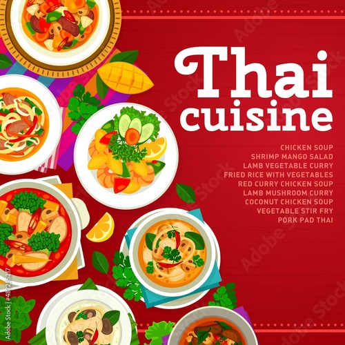 Thai cuisine restaurant menu cover template. Chicken soup, salad with shrimp and mango, red curry and coconut chicken soup, pork pad Thai noodle stir fry, lamb mushroom and vegetable curry