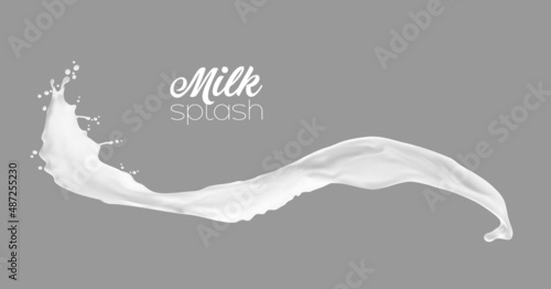 Milk, yogurt or cream isolated white wave splash swirl with splatters. Fresh milk flow frozen motion, healthy natural food realistic vector. Calcium nutrition or beauty background with milky liquid