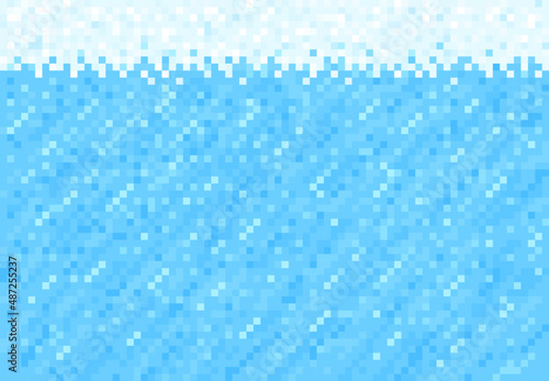 Snow, ice and water pixel blocks background pattern. Retro console game level cubic pixel texture. Computer eight bit 80s arcade environment pixelated vector backdrop with blue liquid or snow