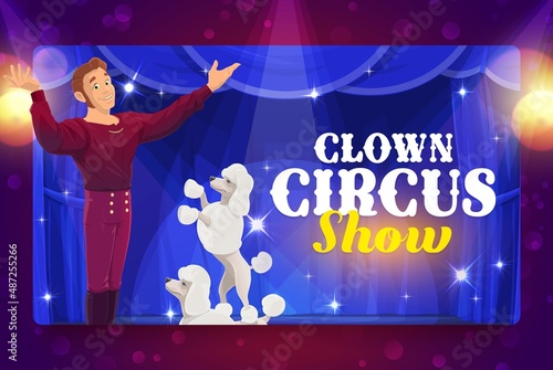 Shapito circus cartoon trainer and poodles on stage vector banner of trained animal circus show. Carnival or amusement park performance, trainer and dogs showing tricks on arena with blue curtains