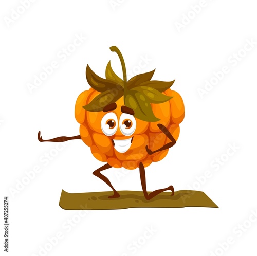 Cartoon cloudberry fruit character personage on yoga or pilates fitness sport. Funny cloudberry or knotberry in yoga pose or training exercise in gym, healthy food emoticon