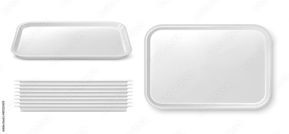 Realistic isolated plastic food trays, serving platters or plates 3d vector. Empty white plastic tray mockup and stack. Fast food restaurant, cafeteria, cafe or catering service dishware - obrazy, fototapety, plakaty 