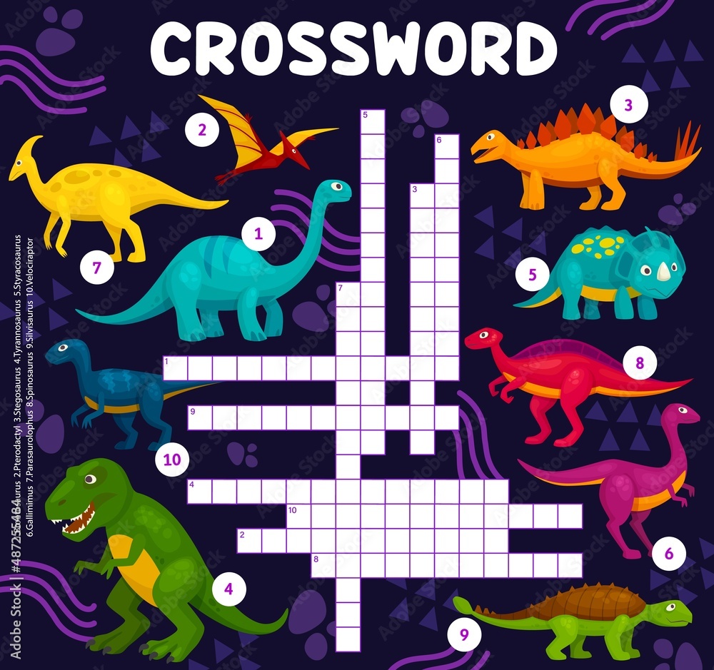 Cartoon dinosaur reptiles, crossword vector worksheet or find word quiz