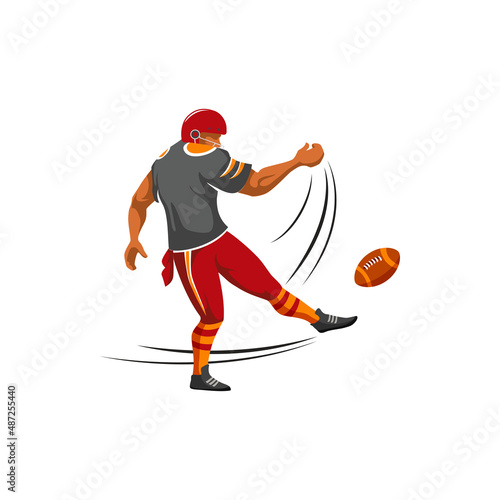 Quarterback or kicker american football player vector character. American football sport game player in helmet with ball in action
