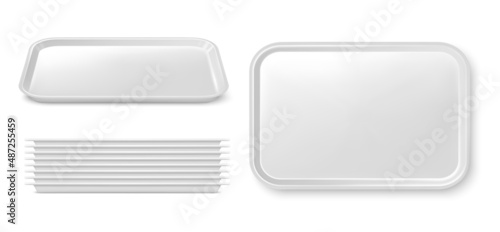 Realistic isolated plastic food trays, serving platters or plates 3d vector. Empty white plastic tray mockup and stack. Fast food restaurant, cafeteria, cafe or catering service dishware photo