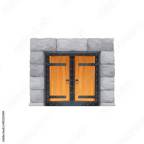 Square castle doorway, cartoon vector medieval gate with wooden doors and stone doorjambs. Fortress arch portal, fairytale dungeon or palace arched entry. Isolated temple exterior with riveted forgery
