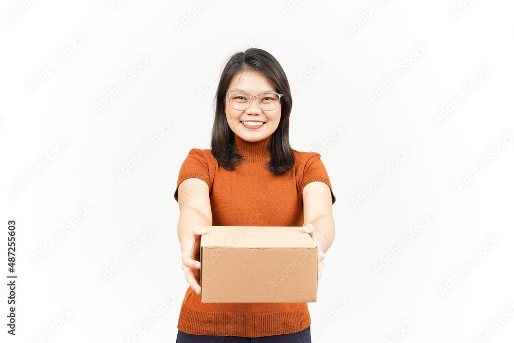 Holding Package Box or Cardboard Box and Give it To You Of Beautiful Asian Woman Isolated On White Background Holding Package Box or Cardboard Box and Give it To You Of Beautiful Asian Woman Isolated On White Background