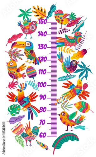 Kids height chart with bright alebrije birds, vector growth measure ruler scale with cartoon mexican paper art craft hummingbird, flowers, parrot or toucan and palm leaves