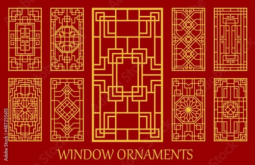 Asian window and door ornaments, Korean, Chinese and Japanese patterns, vector golden frames. Asian geometric style, ancient oriental house art for window grid, interior ornaments and wood decor