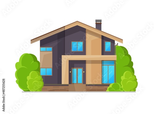 Residential neighborhood two-storey house building exterior. Contemporary dwelling exterior, flat vector modern cottage facade. Neighborhood real estate home with stairs, glass doors and pitched roof