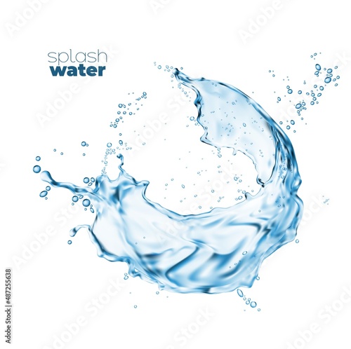 Swirl clean water wave splash with splatters. Vector liquid flow with drops. Isolated transparent splashing aqua dynamic motion with spray droplets. Realistic hydration 3d fresh blue ring drink photo