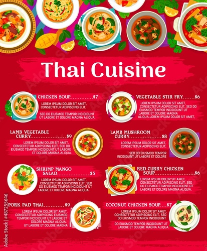 Thai cuisine menu template. Lamb vegetable and mushroom curry, vegetable stir fry, shrimp mango salad and fried rice with vegetables, pork pad Thai noodle stir fry, coconut chicken and red curry soup