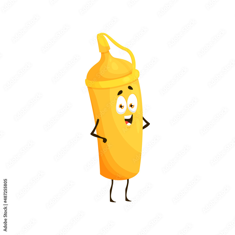Cartoon mustard bottle character. Funny vector spicy bottle mascot