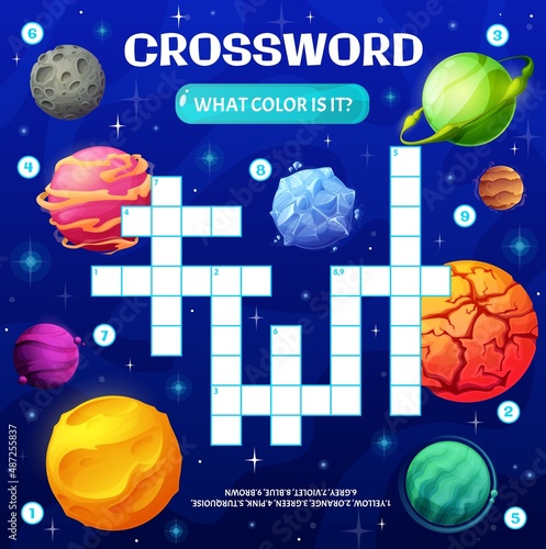 Crossword puzzle game grid with cartoon color space planets. Kids find a word crossword logical puzzle, children playing activity vector worksheet with ice, desert and water alien planets, moon, stars