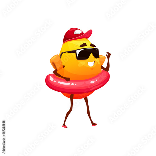 Mango cartoon character in glasses and cap isolated funny fruit on vacation. Vector smiling mango in lifebuoy swimming safety equipment, tropical exotic fruit on rest, healthy juicy vitamin