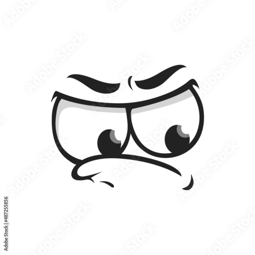 Cartoon grumpy vector face wrathy sad emoji with frowned eyebrows and protruding lip. Upset facial expression, ireful or rageful feelings isolated character