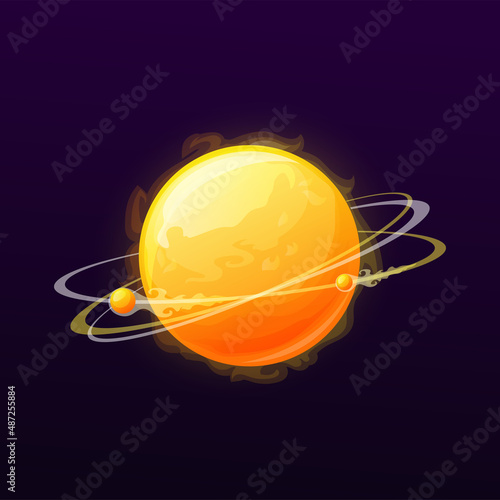 Hot planet with rings and satellites. Cosmos sci-fi game UI cartoon vector icon alien galaxy planet with fiery hot surface, deep space fantastic world sun or flaming star with rings on orbit