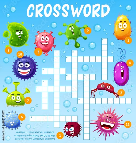 Cartoon funny viruses, microbes and germs crossword worksheet. Find a word vector quiz game or puzzle with funny monster characters of cute bacterias, smiling viruses, infection cells and bacterium
