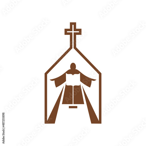 Christianity religion vector icon, praying person with open Bible inside of church building with cross. Christian catholic faith, religious brown symbol