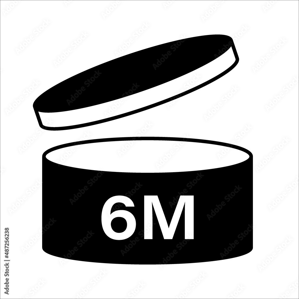 PAO cosmetic icon, mark of period after opening. Expiration time after package opened, black label. 6 month expirity on white background, vector illustration PAO cosmetic icon, mark of period after opening. Expiration time after package opened, black label. 6 month expirity on white background, vector illustration