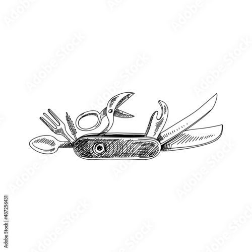 Folding swiss army knife retro hand drawn illustration.