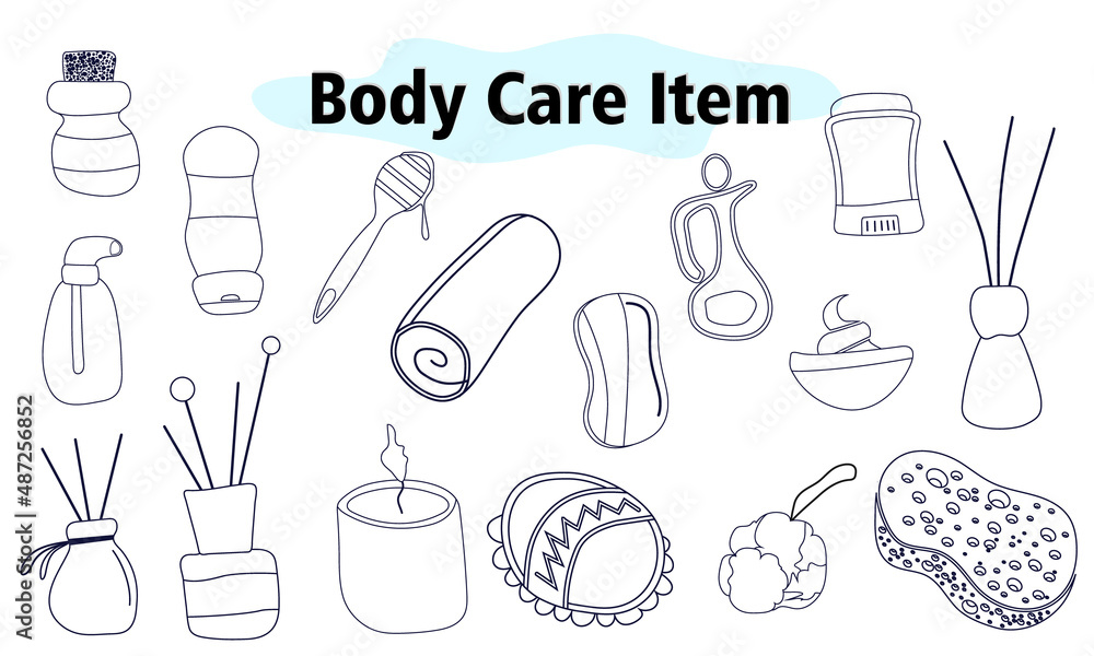 A large set of items for the bathroom and shower. Face and body care. Scents for the home. Vector illustration in linear design on a white background. A large set of items for the bathroom and shower. Face and body care. Scents for the home. Vector illustration in linear design on a white background.