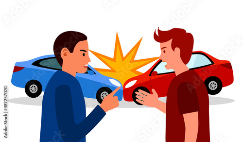 Car crash concept vector illustration. Drivers arguing after road traffic accident  in flat design on white background.