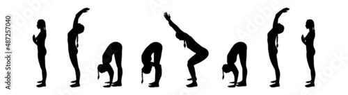Yoga sequence practice for begginers. Yogi woman silhouette isolated in white background. Vector illustration