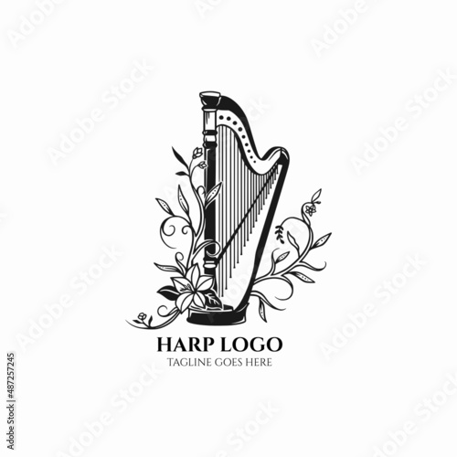 Harp logo vector, vintage harp musical illustration, orchestra icon, floral harp logo