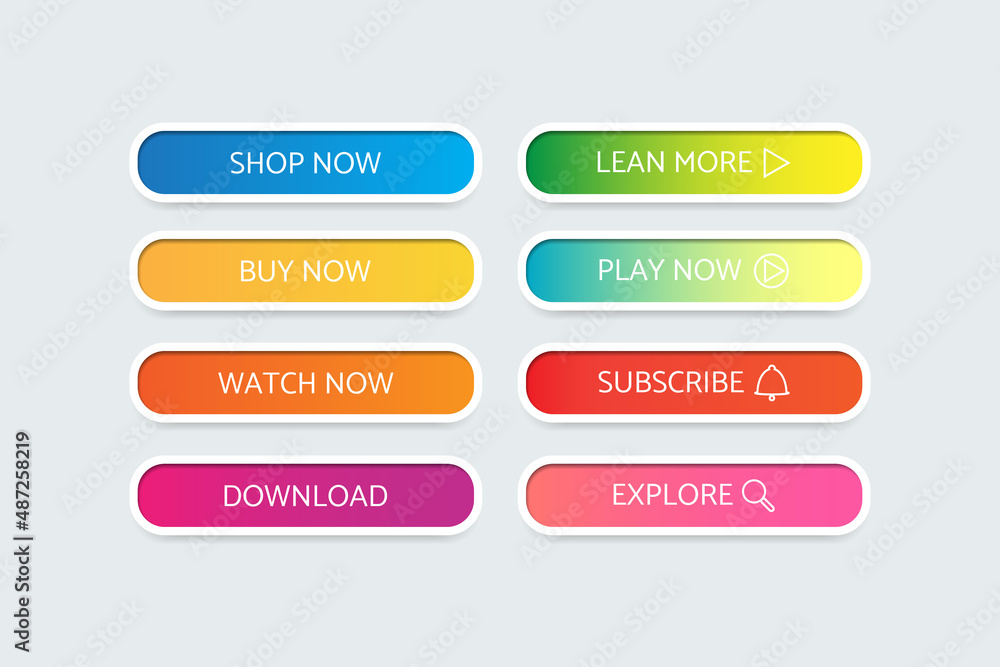 collection of buttons different gradient colors and icons on white background collection of buttons different gradient colors and icons on white background