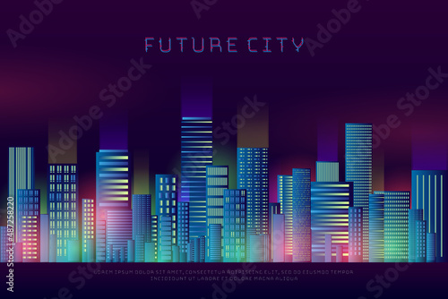Futuristic night city with bright and glowing neon lights. Cyberpunk style