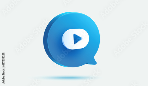 blue message bubble with Play video button 3d vector icon. Media player sign or symbol