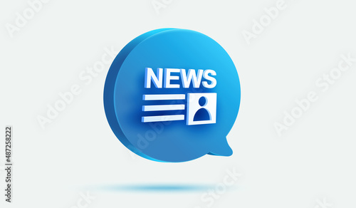 Newspaper button 3d icon vector illustration with blue speech balloon message. News sign or symbol.