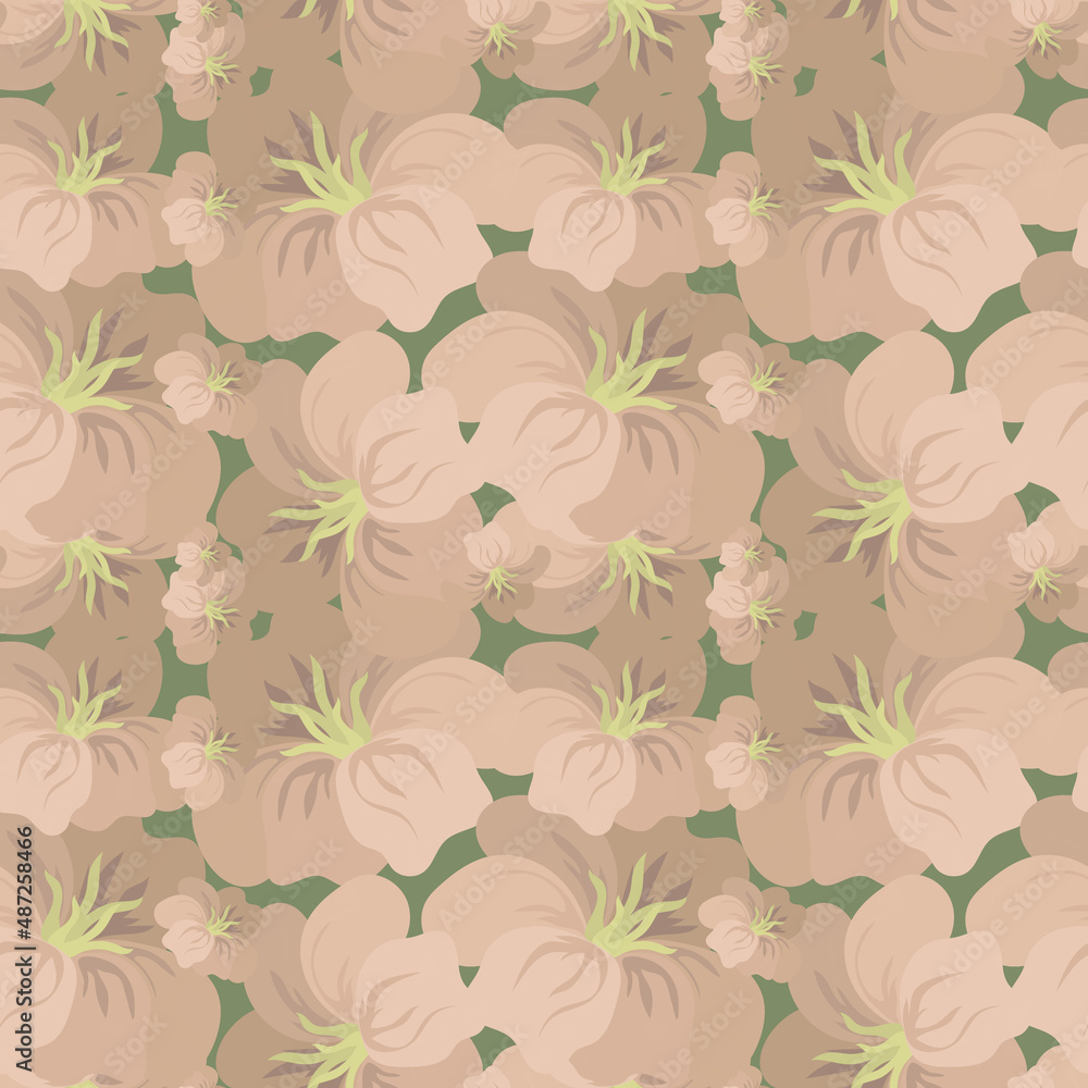 Seamless calm floral pattern of many large coffee-colored flowers