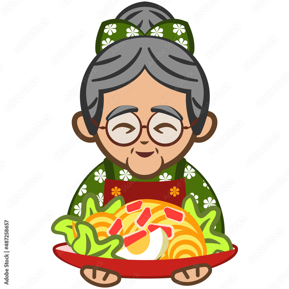 vector illustration of grandma serving a plate of noodles vector illustration of grandma serving a plate of noodles