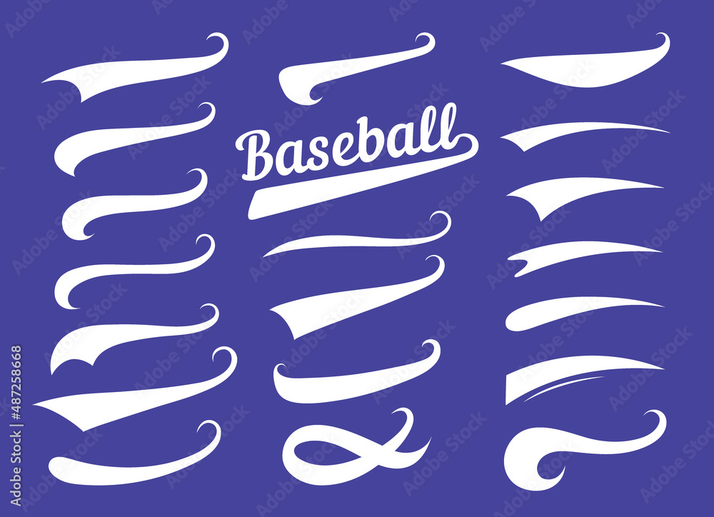 Swooshes text tails for baseball design. Sports swash underline shapes set  in retro style. Swish typography font elements for athletics, baseball,  football decoration. White swirl on blue, vector line Stock Vector