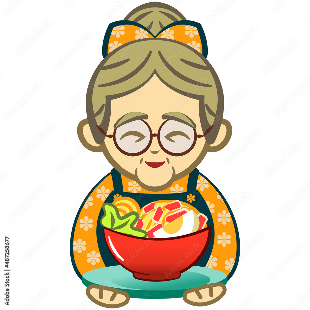 vector illustration of grandma serving a bowl of noodles