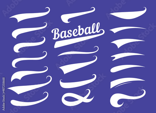 Swooshes text tails for baseball design. Sports swash underline shapes set in retro style. Swish typography font elements for athletics, baseball, football decoration. White swirl on blue, vector line